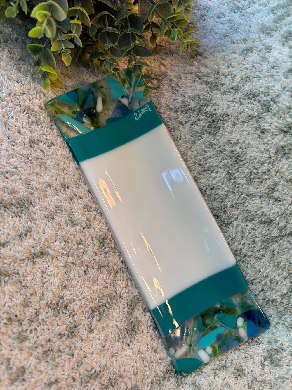 Aqua Teal Fused Glass Soap Dish Trinket Jewelry Dish NWT HC 10x3.5”